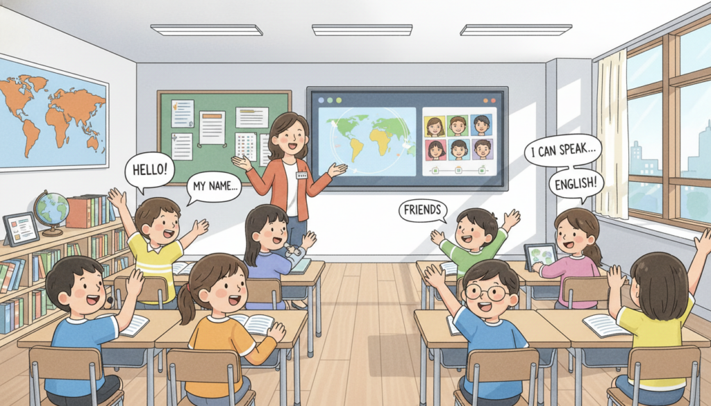 이지잉글리시 학생들이 밝고 활기찬 교실에서 영어로 자신감 있게 대화하고 발표하며 즐겁게 학습하는 모습. 말하기 중심 실용 영어 교육의 효과